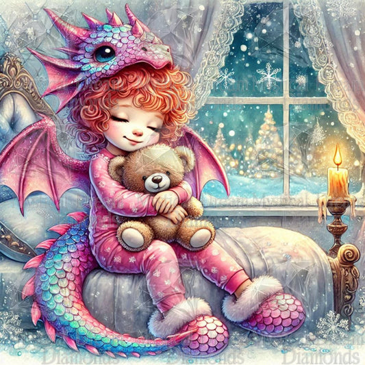 Sweet Dragon Girl Winter Nights with Teddy by Sherri Baldy